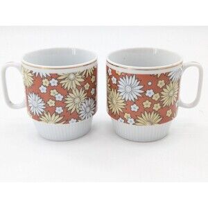 Daisy Retro Mod Orange Yellow Floral Gold Rim Stackable Coffee Mug Cup Set of 2